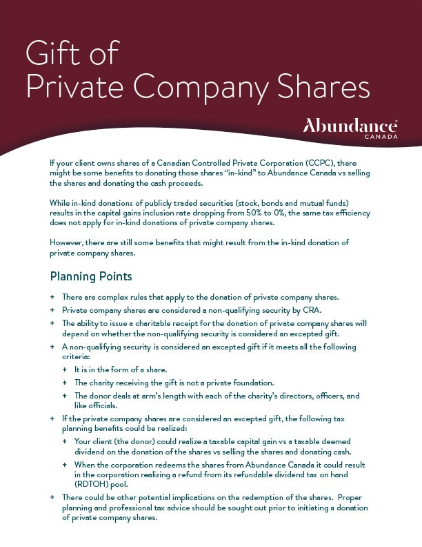 Gift of Private Company Shares