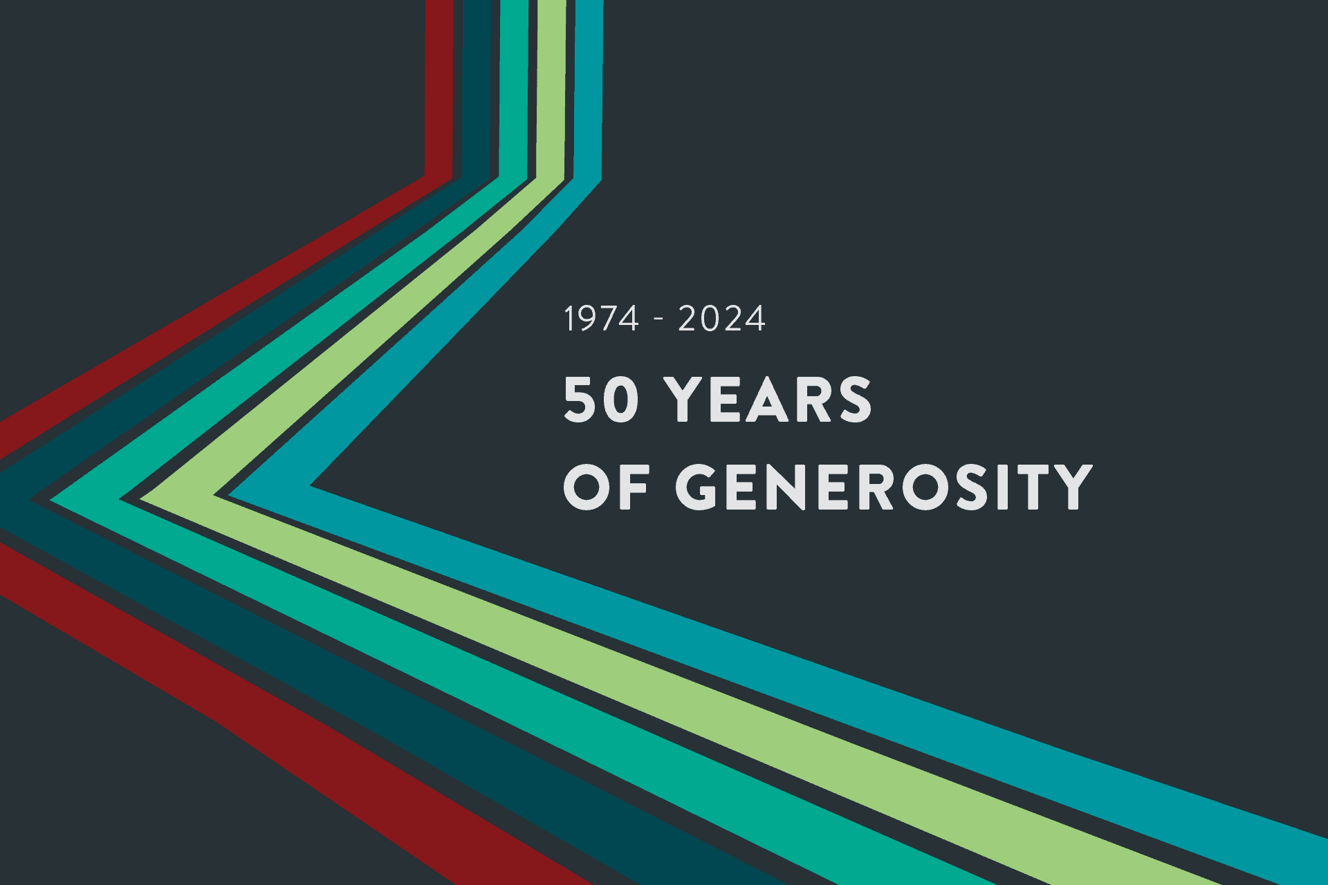 1970's style line graphic of five coloured lines shaped like a road on a dark grey background. Text overlay reads 1974 to 2024, 50 years of generosity.