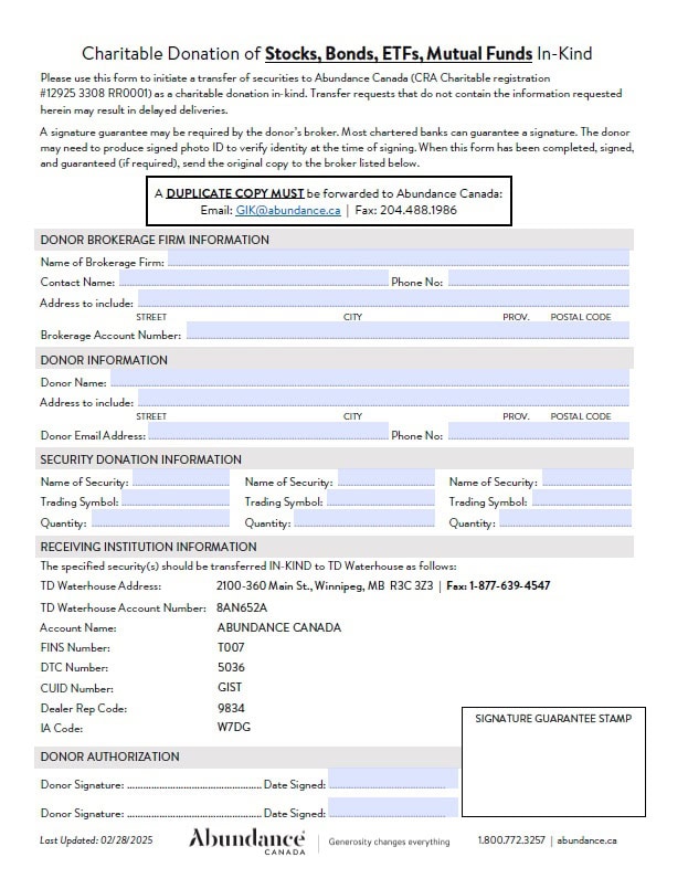 Screenshot of the Securities Gift in Kind Donation Form PDF.