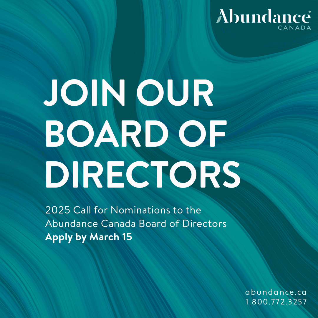 Abstract blue swirly lines in the background with bold words stating "Join our board of directors. 2025 call for nominations to the Abundance Canada board of directors. Apply by March 15".