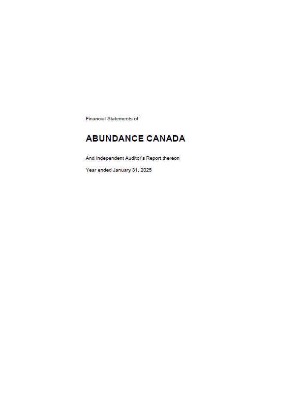 Cover page of Abundance Canada's Audited Financial Statements for the year ending Jan. 31, 2025.